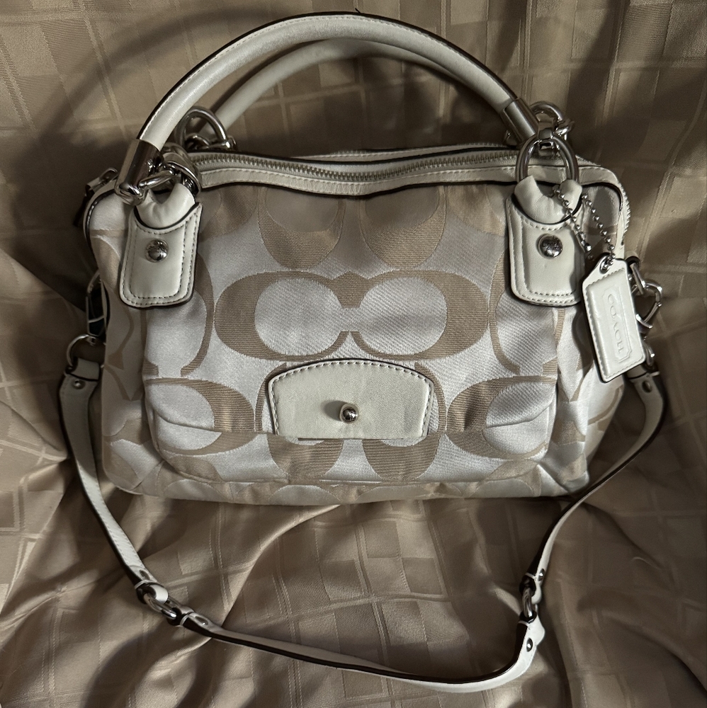 Coach Beige Shoulder Bag with Signature Monogram and Leather Trim